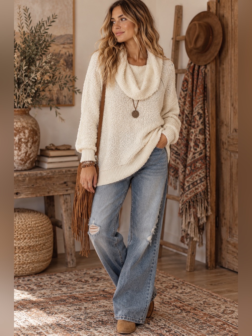 Free People By Your Side Sweater Ivory Cream Cowl Neck Oversized Nubby Sz Small